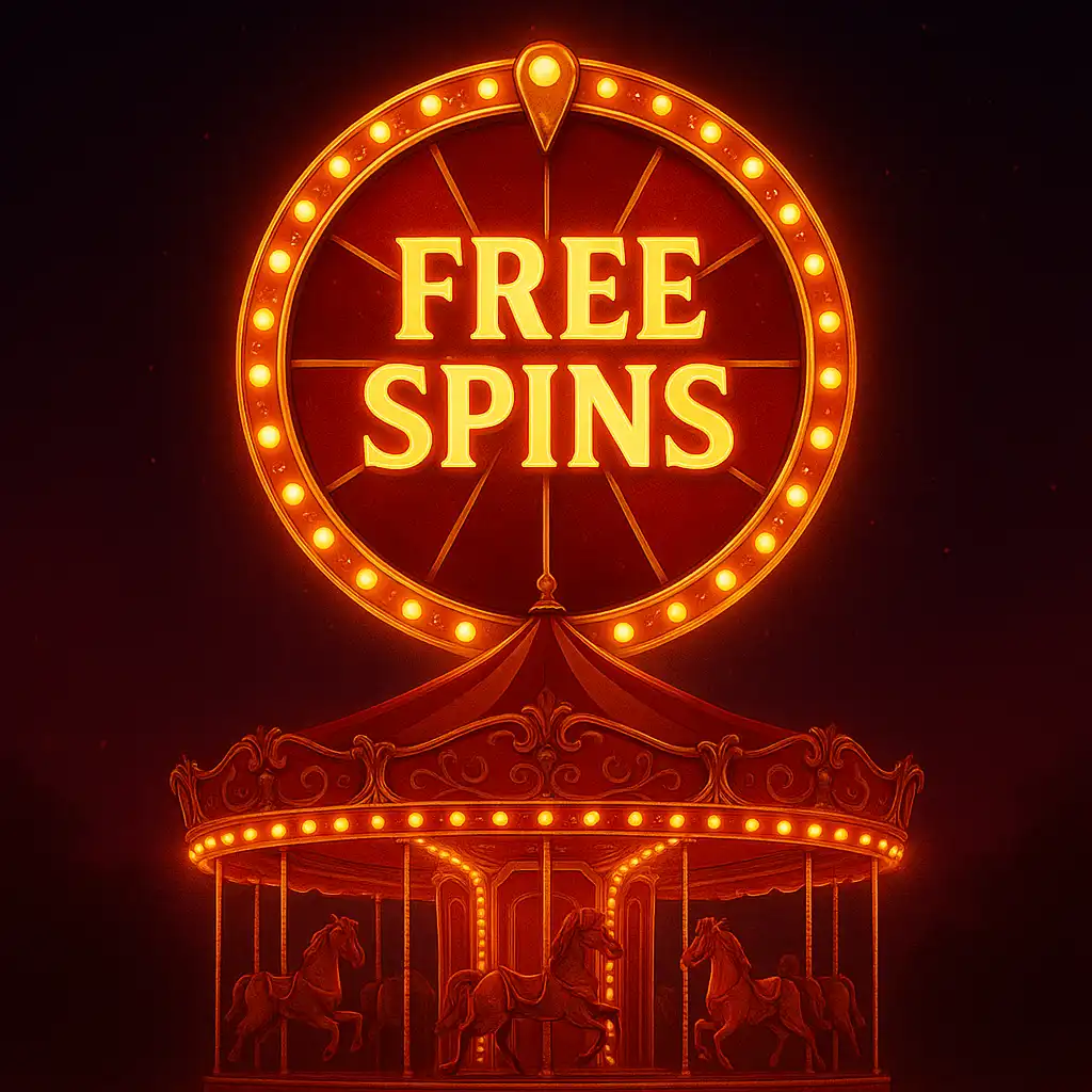 Glowing free spins symbol above a carousel at night