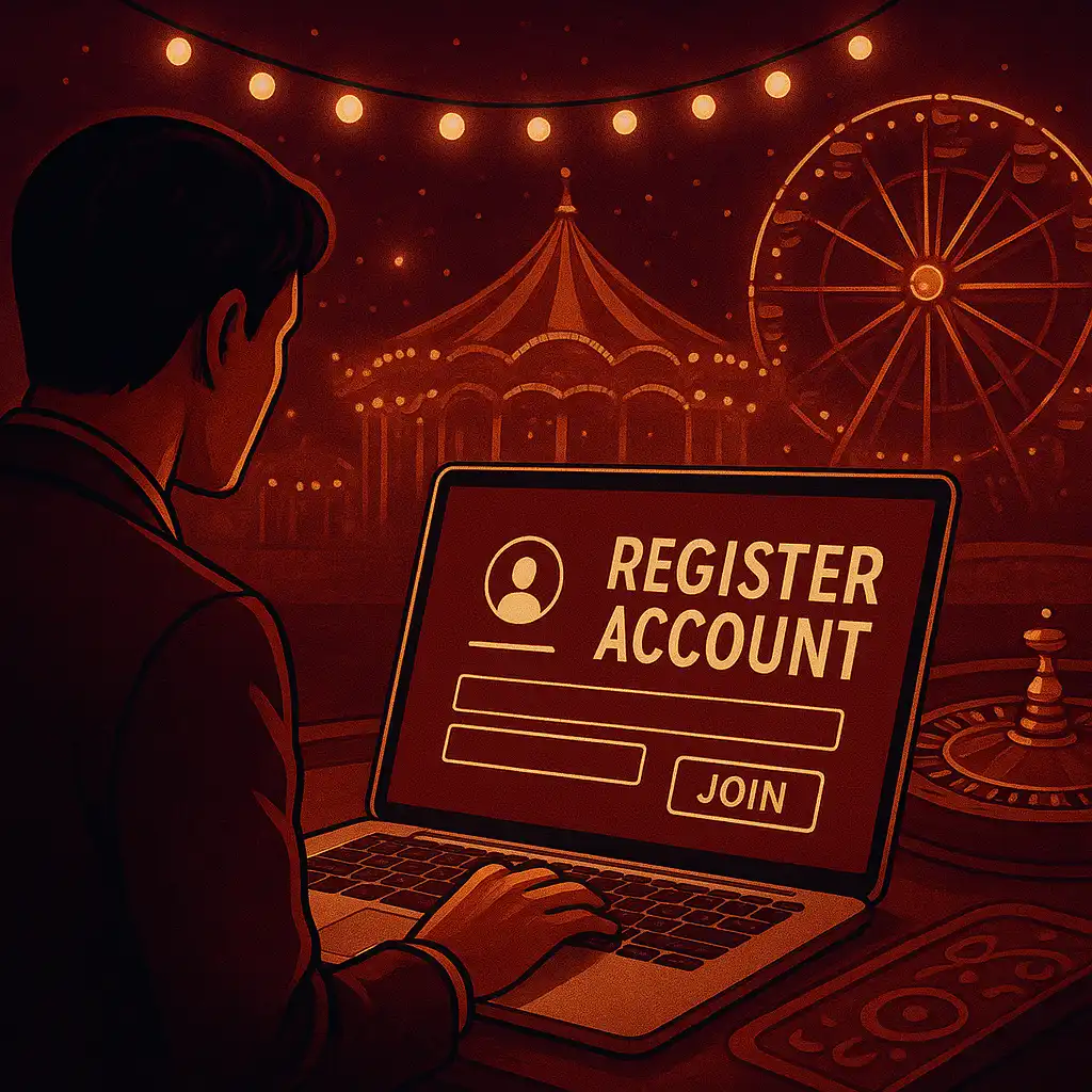Player registering an account on a laptop under carnival lights