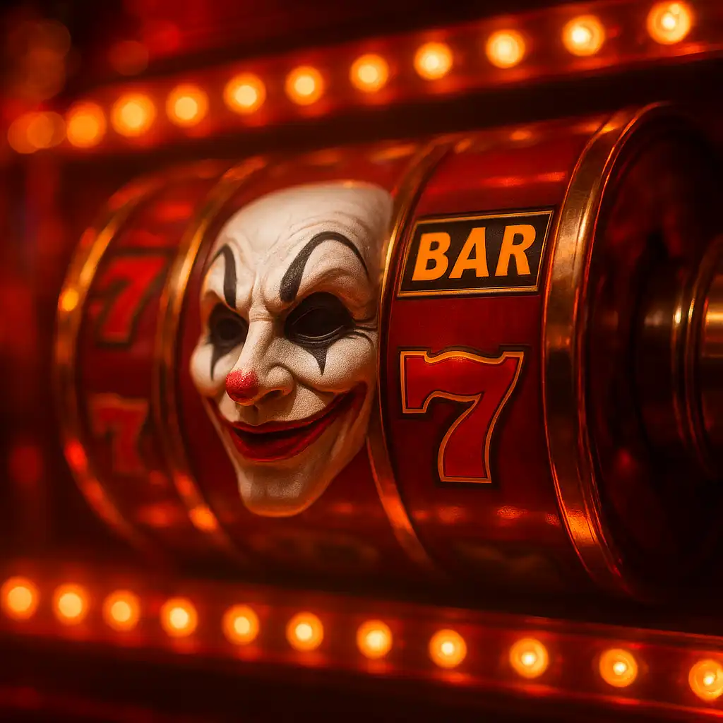Joker mask reflected in a spinning slot machine reel